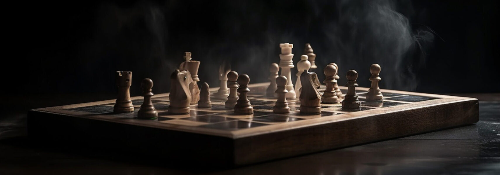 Chess Board Game Concept Of Business Ideas And Competition And Strategy Ideas Concept. Chess Figures On A Dark Background With Smoke, Generative Ai