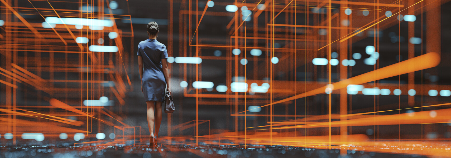 Futuristic City VR Wire Frame With Businesswoman Walking