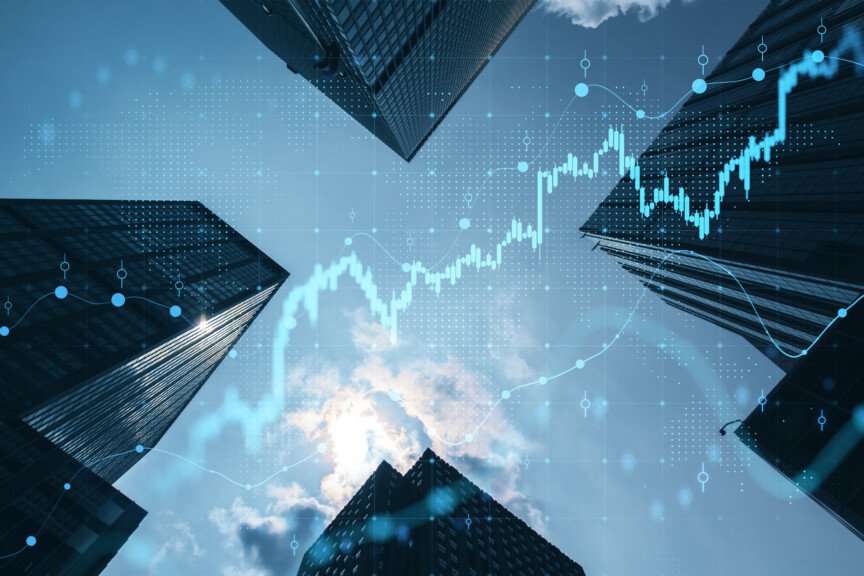 Real Estate And Investment Concept With Bottom View On Sunny Skyscrapers Tops And Digital Financial Chart With Stock Market Diagram