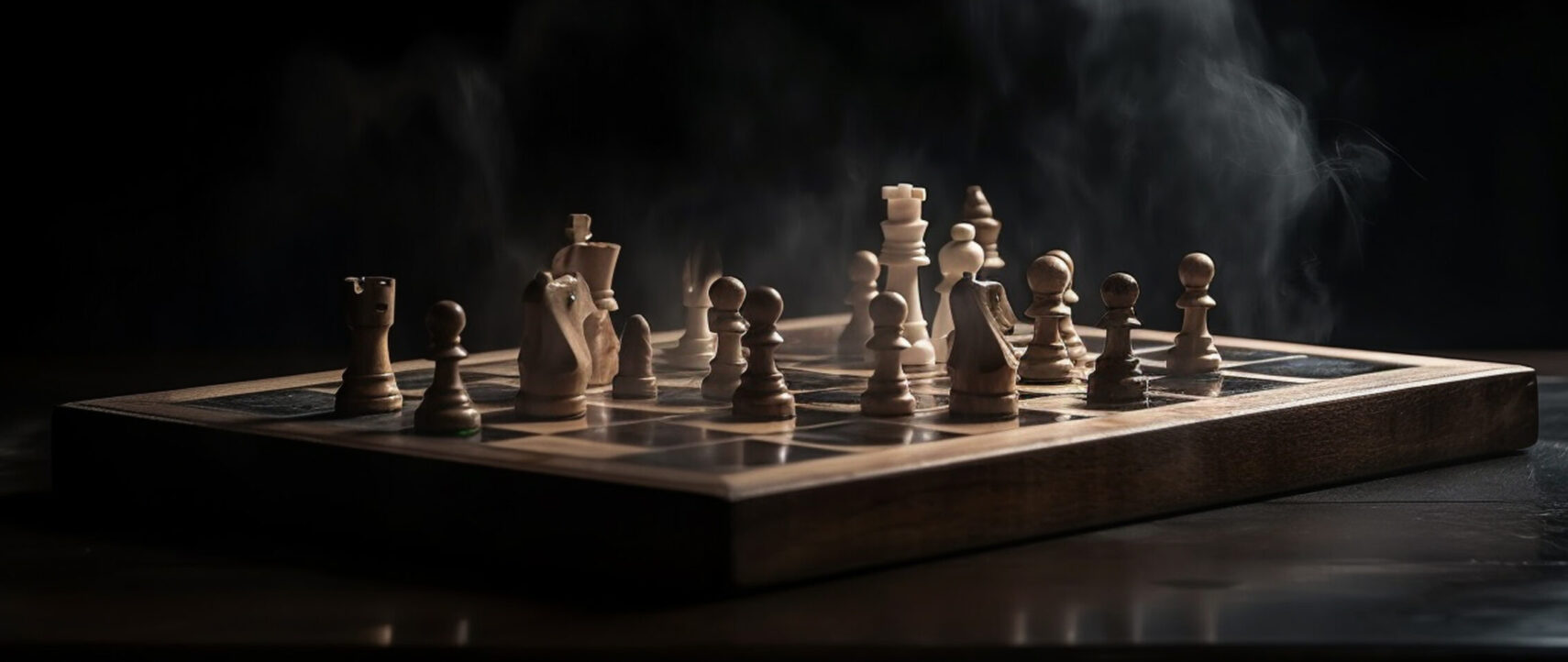 Chess Board Game Concept Of Business Ideas And Competition And Strategy Ideas Concept. Chess Figures On A Dark Background With Smoke, Generative Ai